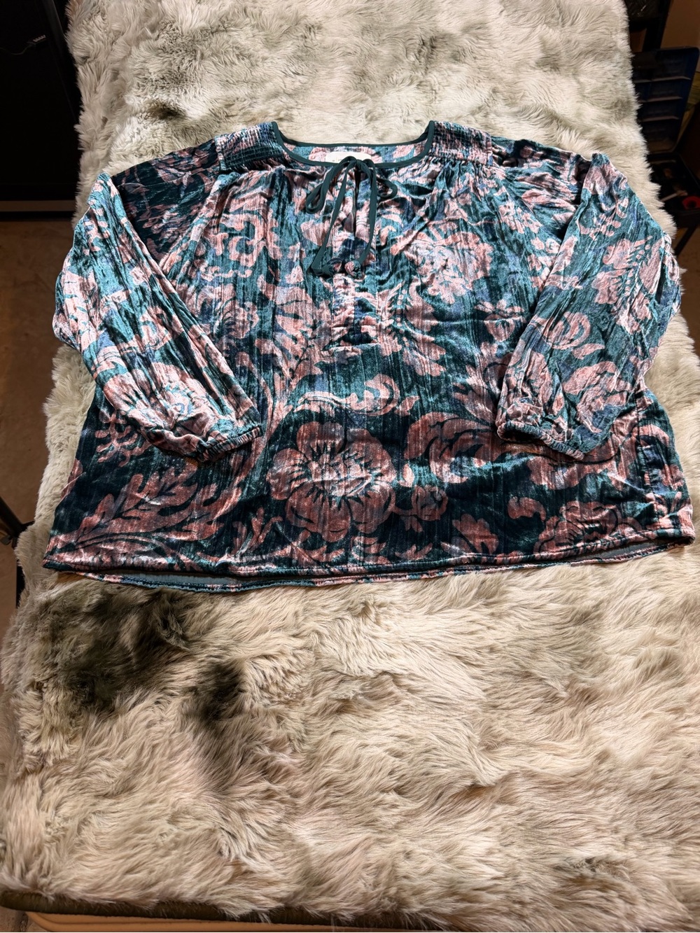 Anthropologie Green and Dusty Pink Floral Velvet Peasant Top